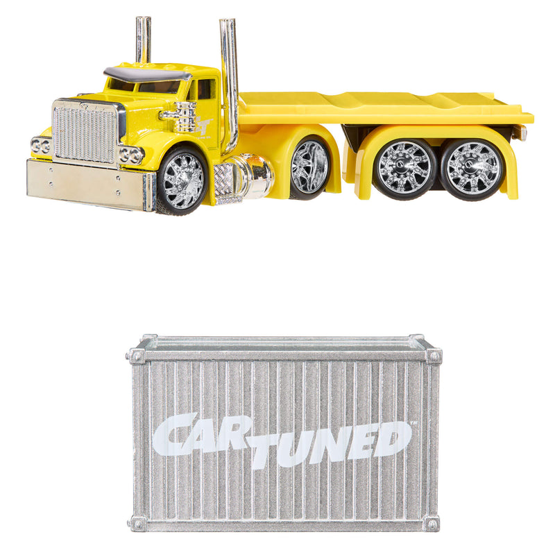 Yellow flatbed semi-truck toy with chrome-style wheels and exhaust pipes, shown above a silver shipping container printed with the word CARTUNED on a white background.