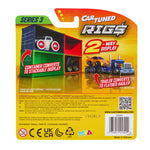 Back of a Car Tuned Rigs toy packaging card for Series 3, showing the 2-way display container and trailer features with toy vehicles pictured on the card.