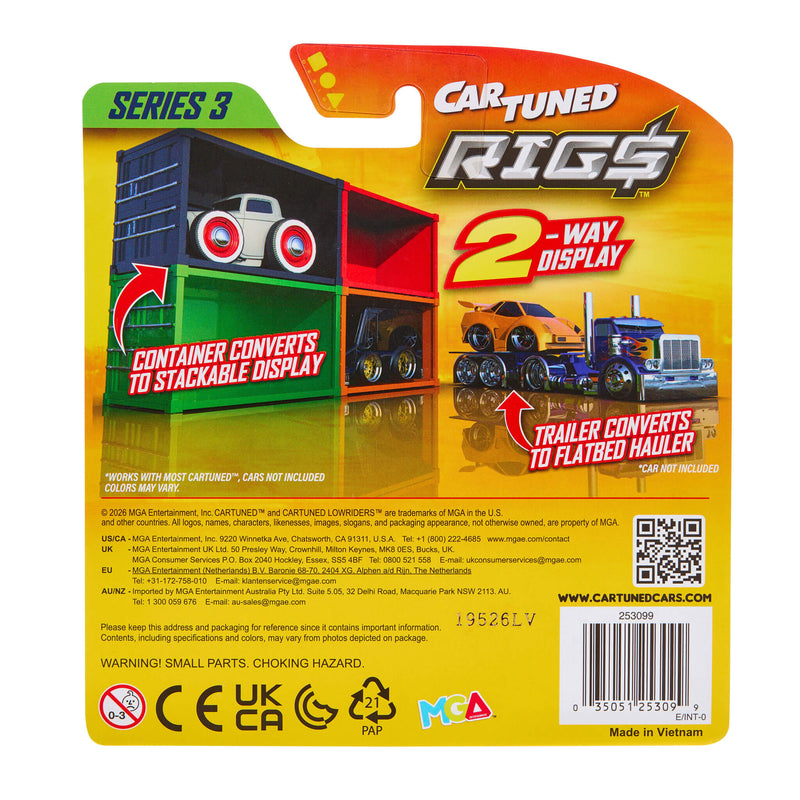 Back of a Car Tuned Rigs toy packaging card for Series 3, showing the 2-way display container and trailer features with toy vehicles pictured on the card.