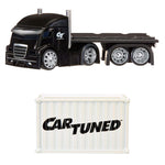 A black flatbed semi-truck toy above a white shipping container with the Car-Tuned logo, on a plain white background.