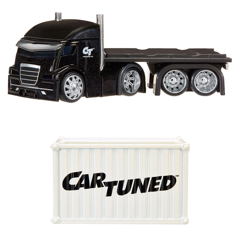 A black flatbed semi-truck toy above a white shipping container with the Car-Tuned logo, on a plain white background.