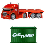 A red semi-truck with a flatbed trailer shown above a green shipping container labeled 'CAR-TUNED' on a plain white background.