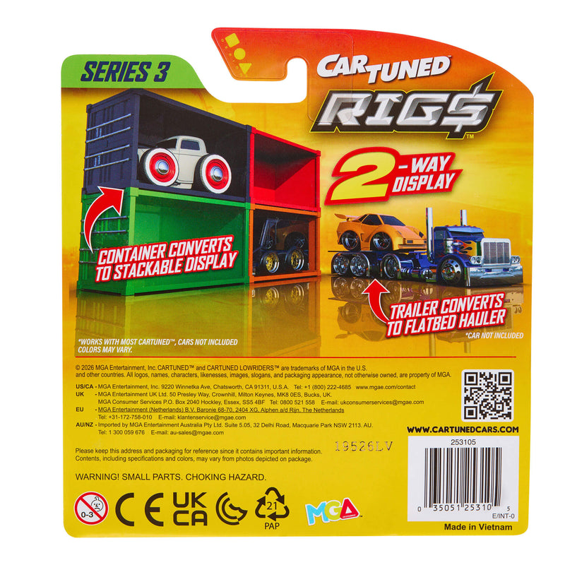 Back of a Cardtuned Rigs toy truck packaging card, showing Series 3 2-way display containers with toy trucks and text callouts on a yellow-orange card.