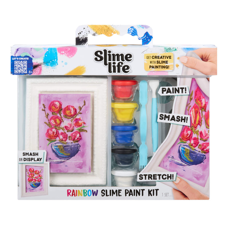 Slime Life Rainbow Slime Paint Kit packaging with paint supplies and a hand holding a painted canvas.