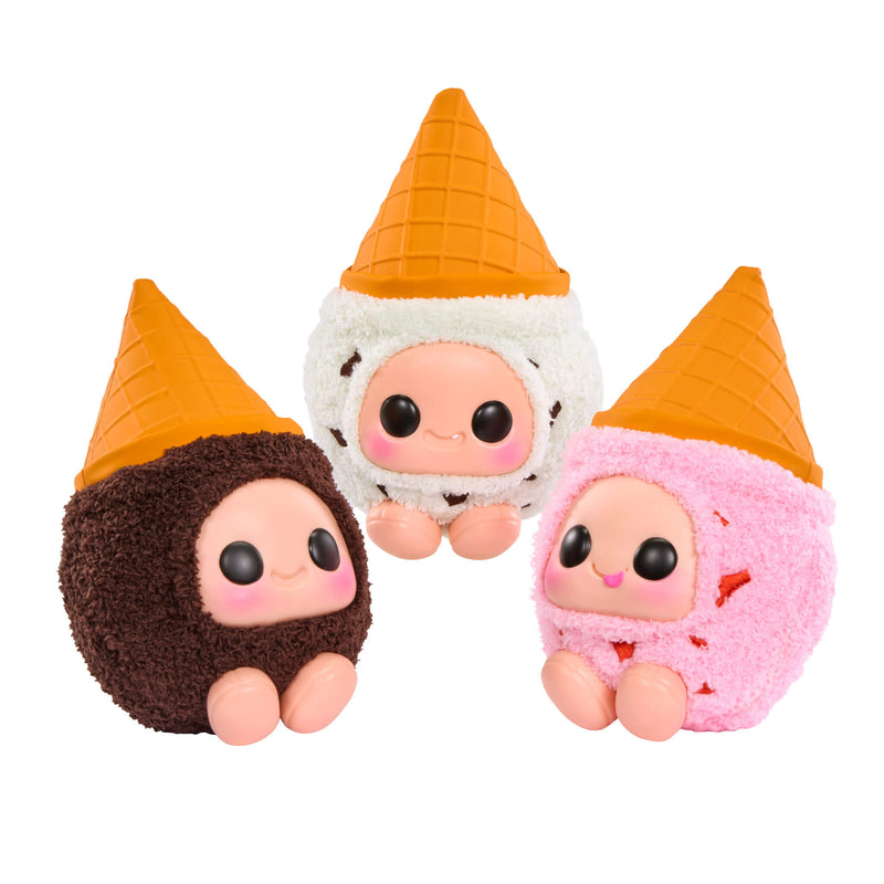 Three cute plush toys with ice cream cone hats on a white background