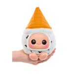 Plush toy resembling an ice cream cone character with a white body, brown spots, and an orange cone as a hat on a white background.