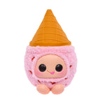 Toy figure of pink ice cream cone character wearing the cone as a hat on a white background