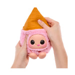 Pink ice cream cone plush toy held by a hand on a white background