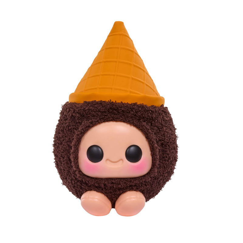 Toy figure of a chocolate ice cream cone character with the cone as a hat on a white background