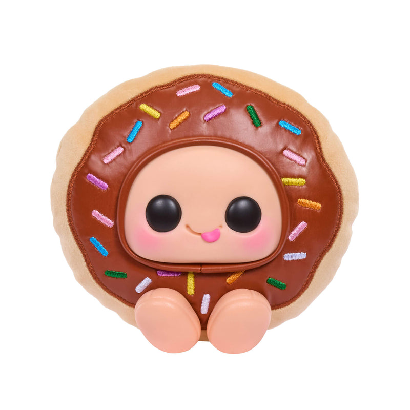 Chocolate donut-shaped plush toy with a face on a white background