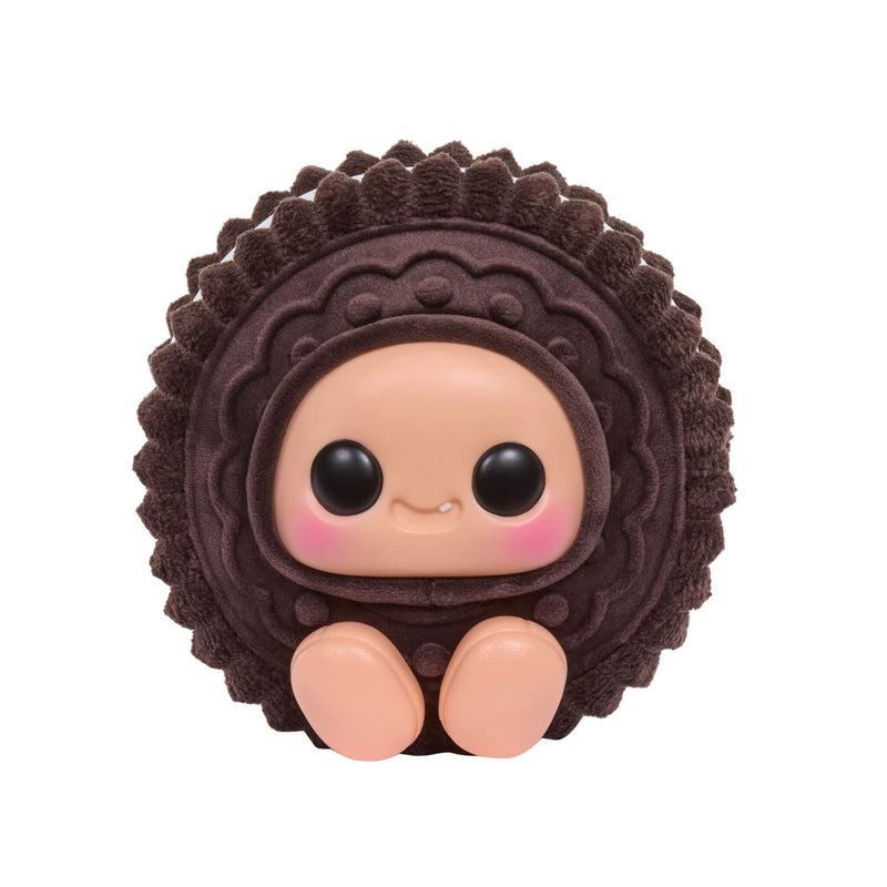 Toy figure of a cookie with a brown textured shell on a white background