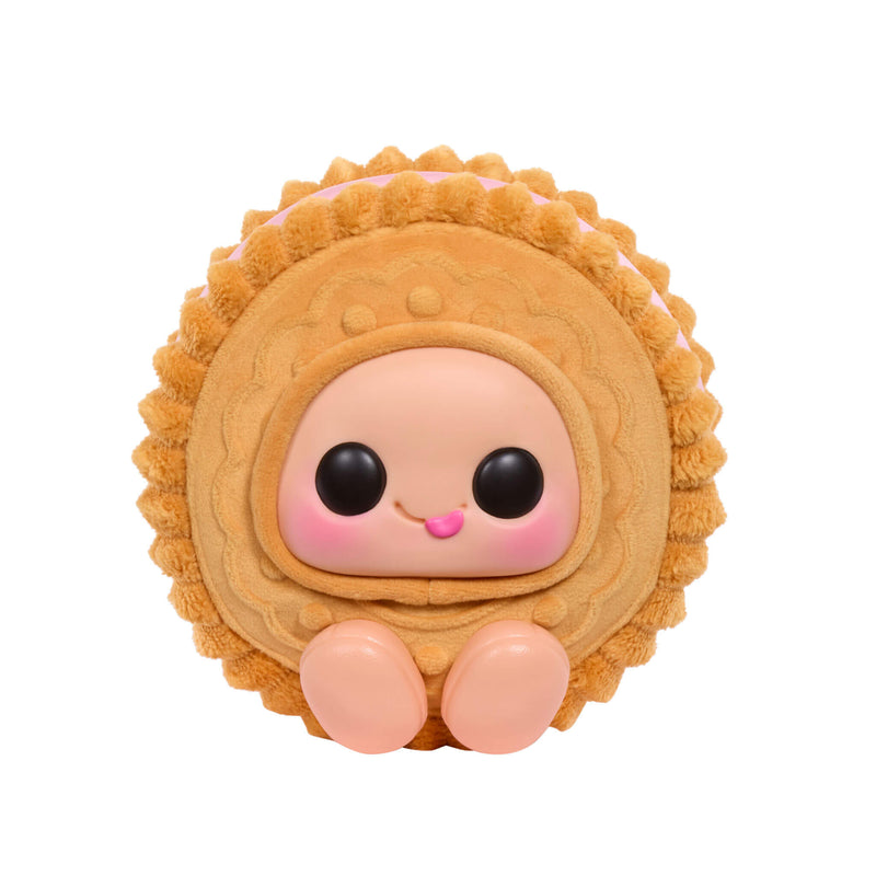 Cute plush toy resembling a cookie with a smiling face on a white background