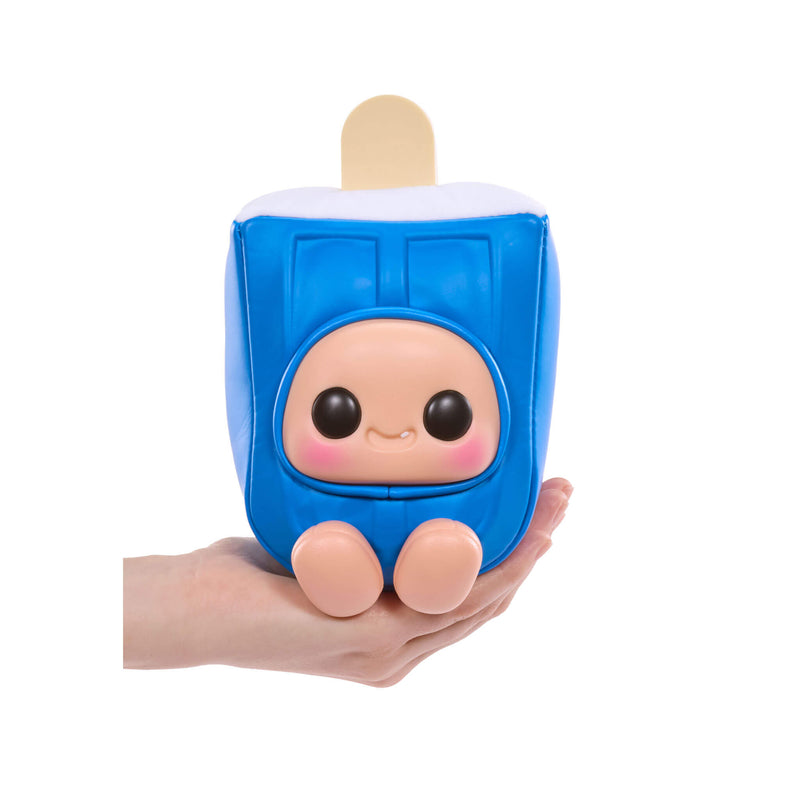 Toy resembling a blue ice cream bar with a face on a white background