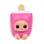 Pink popsicle-shaped toy with a face on a white background