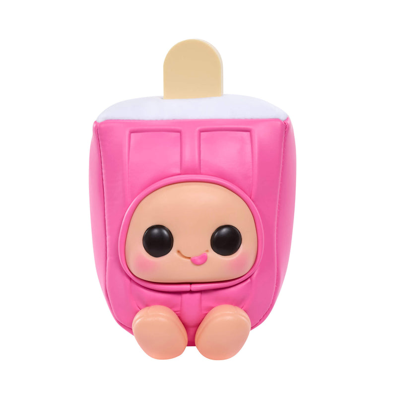 Pink popsicle-shaped toy with a face on a white background