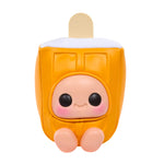 Orange toy resembling a popsicle with a face on a white background