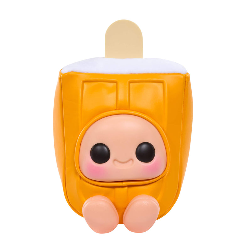 Orange toy resembling a popsicle with a face on a white background