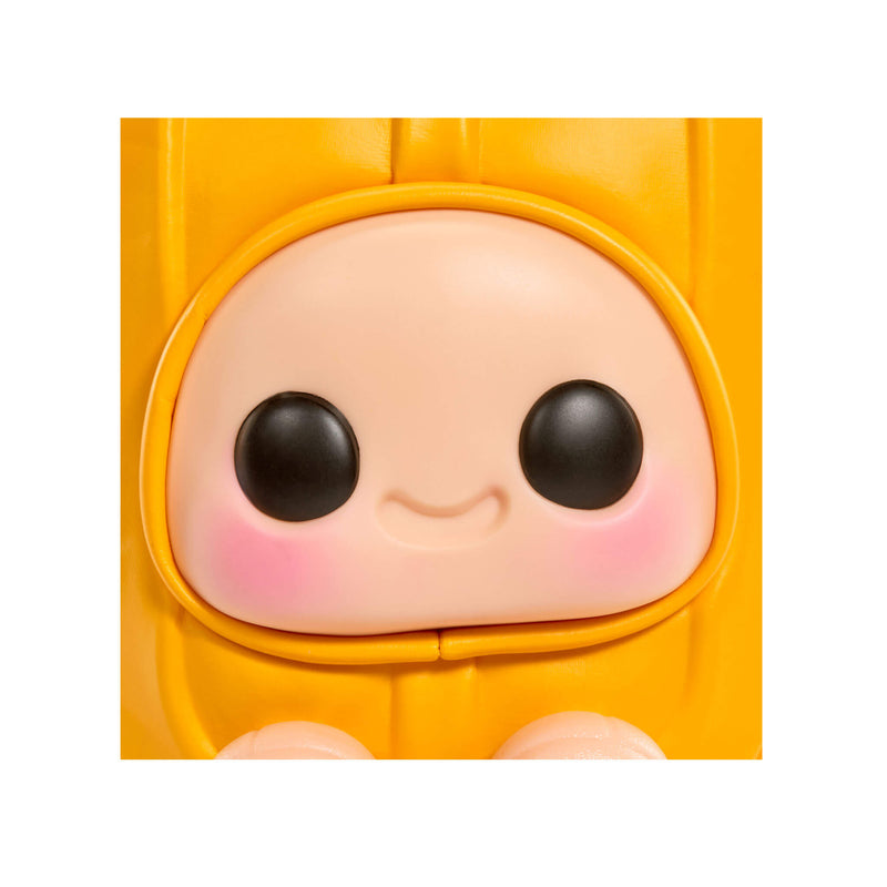 Close-up of a cartoon character with  black eyes on a white background