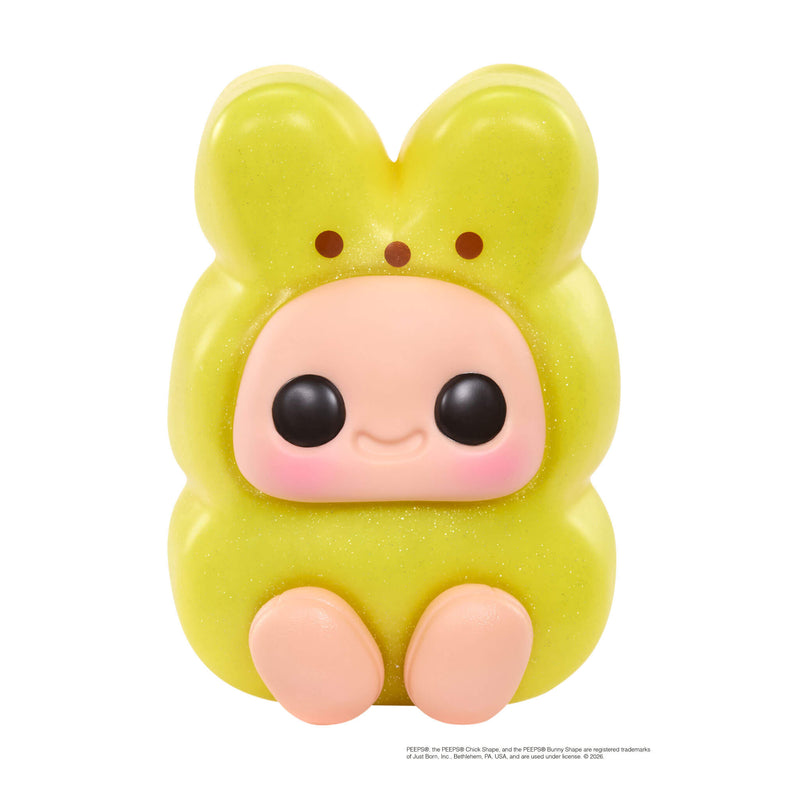 Cute yellow character with large black eyes and pink cheeks on a white background