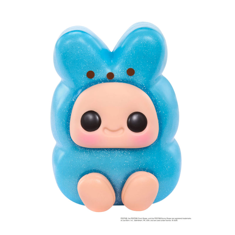 Blue plush toy bunny with a cute face on a white background