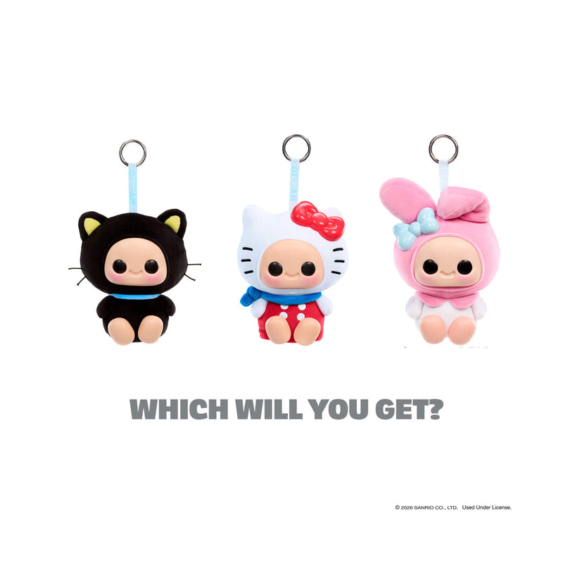 Three plush keychains shaped like Hello Kitty characters on a white background with text asking 'Which will you get?'.