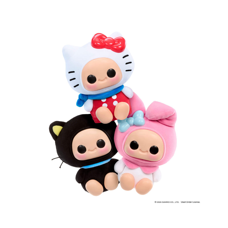 Three Hello Kitty character plush toys stacked on a white background