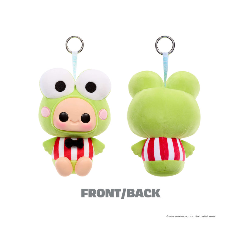 Green plush toy with a black bow tie on a white background