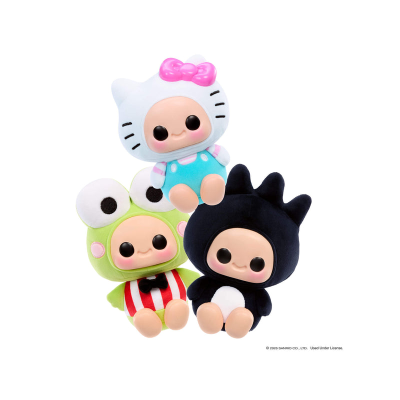 Three Hello Kitty character plush toys on a white background