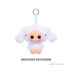 Plush keychain of a cute character with a white outfit on a white background