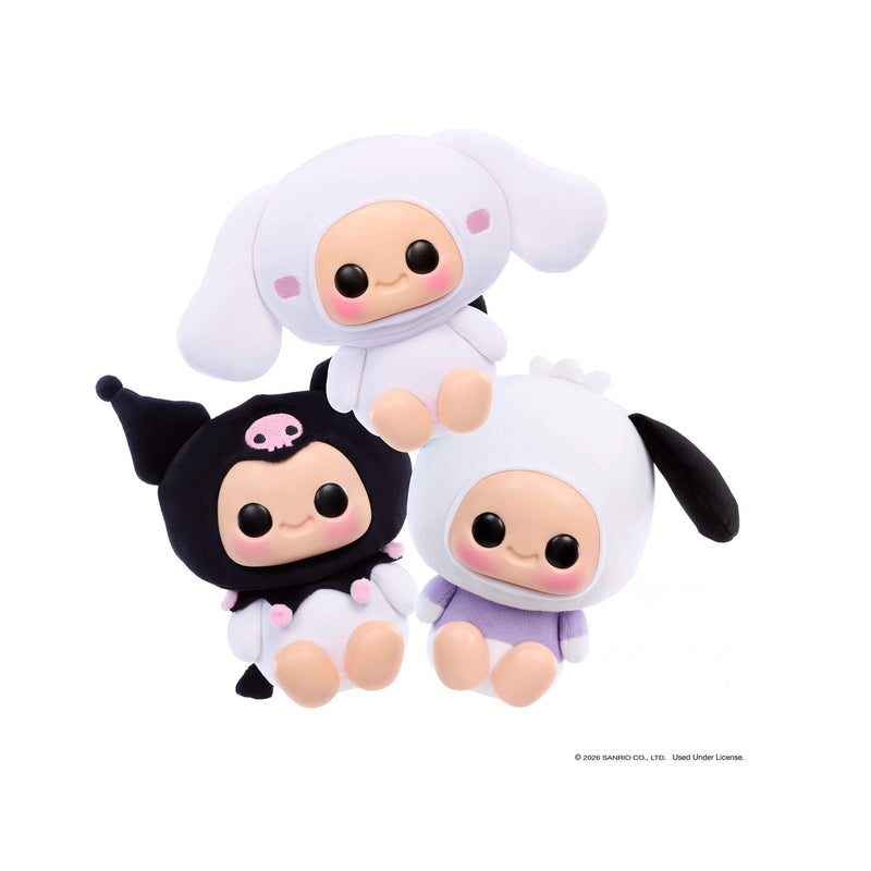 Three cartoon-style Hello Kitty plush toys on a white background
