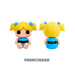 Toy figure with yellow hair and blue pigtails shown from front and back on a white background.