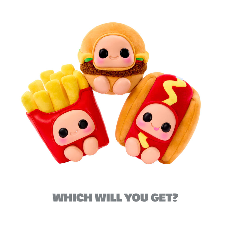 Three character plush toys: Bottom left: red fries’ container with soft, yellow plush “fries” sticking up; a smiling face with large black eyes. Top center: a burger-themed plush -tan bun hood, lettuce and a brown textured “patty” band around its middle. Bottom right: a hot dog–themed plush — tan bun with red hot dog body, yellow squiggle of “mustard.” With text on bottom of the page ‘WHICH WILL YOU GET?’