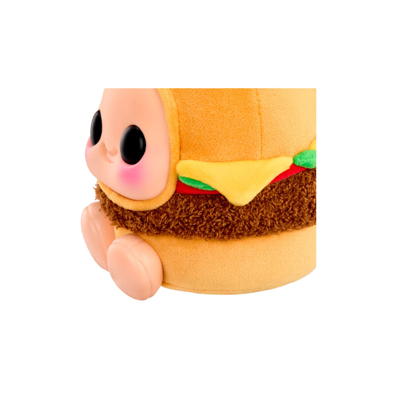 Side shot of a hamburger-themed plush-tan bun, lettuce and a brown textured “patty” band around its middle. on a white background