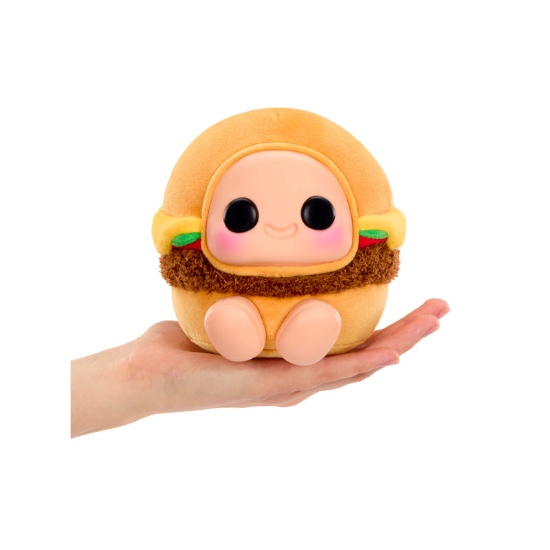 Hamburger-themed plush, with big black eyes, Rosey cheeks, a smile and feet being held in the palm of a hand,on a white background