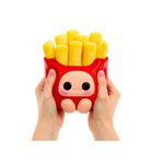 A hands-held plush toy shaped like a red french fry container filled with yellow fries, featuring a cute cartoon face on the front, shown against a plain white background.