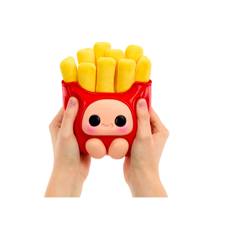 A hands-held plush toy shaped like a red french fry container filled with yellow fries, featuring a cute cartoon face on the front, shown against a plain white background.