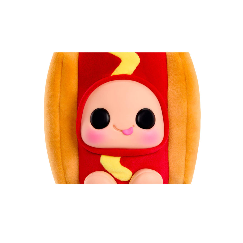 A plush toy shaped like a hot dog bun with a cute character face wearing a red hood and yellow lightning-bolt detail, centered on a plain white background.