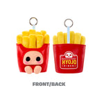 Two red plush french fries bag keychains shown side by side on a white background, one displaying the front with a cute character face and the other showing the back with a 'HYJO DINER' logo. Both have yellow plush fries and metal keyrings.
