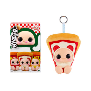 This image shows a product box and a slice of pizza keychain, photographed on a white background.
