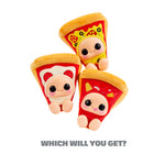 Three pizza slices-bottom center cheese; left peperoni and sitting on top is supreme, with text below ‘WHICH WILL YOU GET?’ 