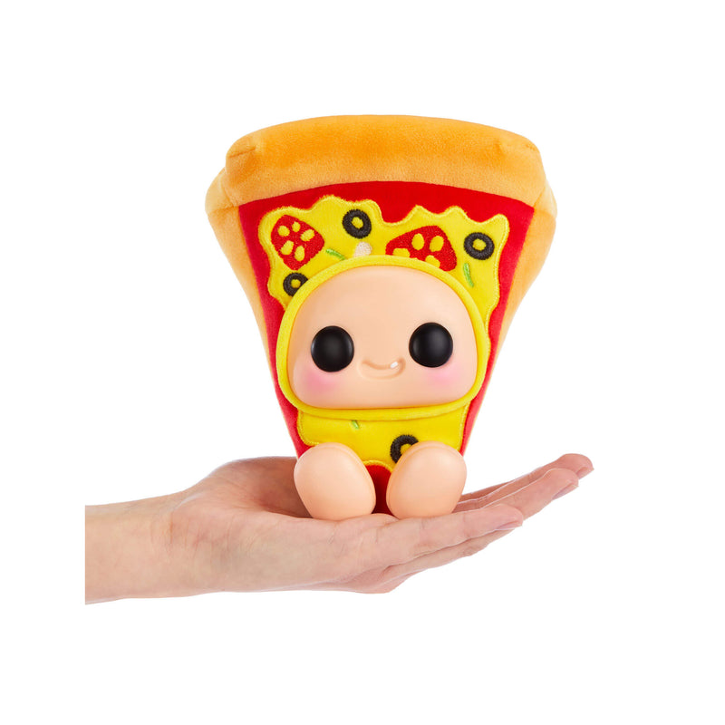 Pizza slice-themed plush, with big black eyes, Rosy cheeks, a smile with one white tooth and feet being held in the palm of a hand, on a white background