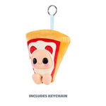 Pizza slice keychain, with silver keyring and text' INCLUDES KEYCHAIN' on a white background.