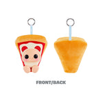 Two keychain pizza slices shown side by side on a white background, one displaying the front with a cute character face and the other showing the back. Both have yellow plush fries and metal keyrings. With text 'FRONT /BACK' below.