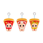 Three keychain pizza characters- Left slice is cheese; Center slice is pepperoni and Right slice is supreme on a white background