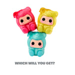 Three squishy Gummy Bears, blue one on the bottom, while pink and yellow are sitting on his head, with text below ‘WHICH WILL YOU GET?’