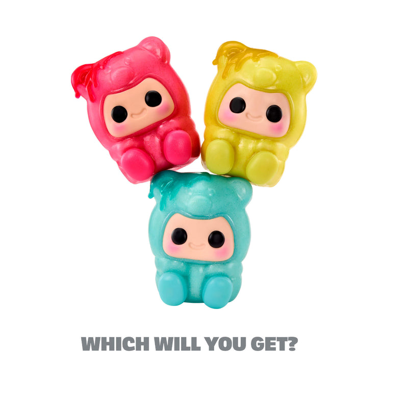 Three squishy Gummy Bears, blue one on the bottom, while pink and yellow are sitting on his head, with text below ‘WHICH WILL YOU GET?’