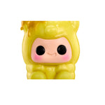Close up of face with black eyes, with yellow squishy material around it on a white background.