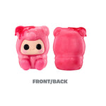 Two Pink Gummy Bears shown side by side on a white background, one displaying the front with a cute character face and the other showing the back. Text on the bottom ‘FRONT/BACK’