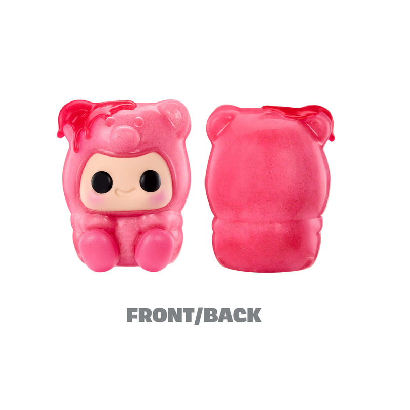 Two Pink Gummy Bears shown side by side on a white background, one displaying the front with a cute character face and the other showing the back. Text on the bottom ‘FRONT/BACK’