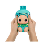 Two hands squishing the Teal bottle on a white background